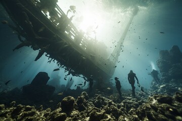 Fototapeta na wymiar Photograph of people diving historic and mysterious shipwrecks, Generative AI