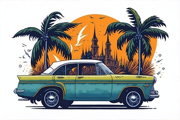 Retro car with Florida beach background. AI generated illustration