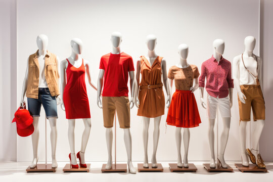 Men's and women's casual summer wardrobe on a mannequins in a clothing store