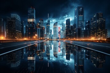 Fototapeta na wymiar Photography of cityscapes with skyscrapers illuminated at dusk, Generative AI