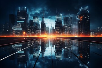 Fototapeta na wymiar Photography of cityscapes with skyscrapers illuminated at dusk, Generative AI