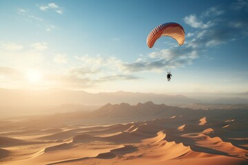 Photograph of people practicing adventure sports in vast, arid deserts, Generative AI