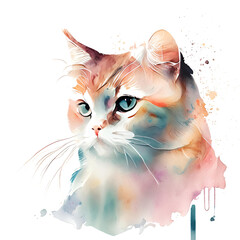 Watercolor isolated colorful cat portrait.
