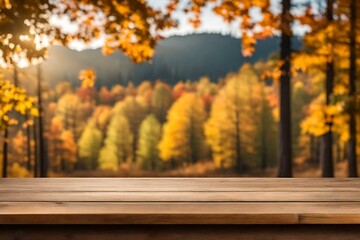 Naklejka na ściany i meble Empty wooden table with blurred autumn trees background