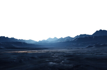 vast landscape with mountain range in the horizon. Isolated transparent PNG. Alien landscape. desert landscape. - obrazy, fototapety, plakaty