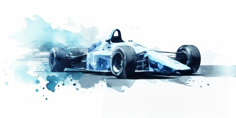 Blue Aquarelle Silhouette of a Sleek Racing Car on a White Background, Crafted with the Style of Digital Airbrushing, Capturing the Thrilling Motion and Automotive Excellence
