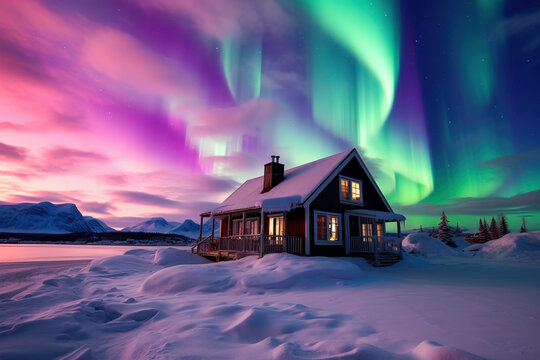 Northern Lights And House At Night