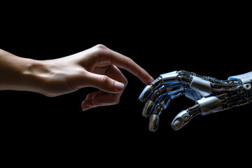 Human and robot hand touch each other with fingers. Generative AI