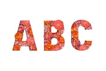 Sausage alphabet isolated on transparent background. Latin Food alphabet. Sausage letter A, B, C. PNG