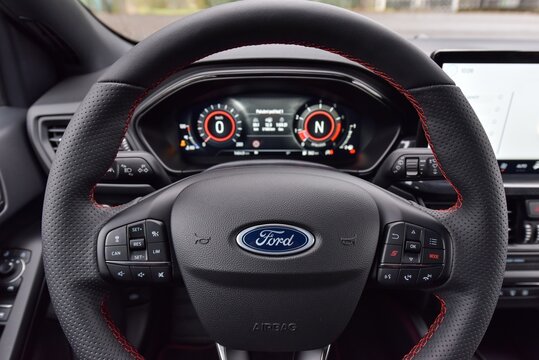 Ford Focus ST. A great car for sporty driving. Cabin interior - steering wheel. 03-30-2023, Prague, Czech Republic.