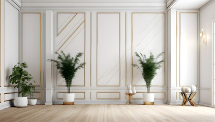 Fototapeta premium Living room interior with armchairs in the room. Sofa, pillows, green plaid, lamp, and fiddle leaf tree in wicker basket on white wall background Scandinavian style, Generative Ai