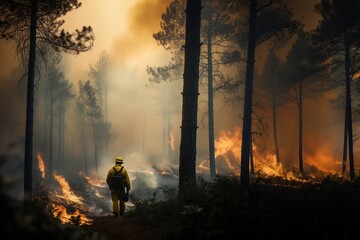Fototapeta premium Feuerwehrmann bei einem Waldbrand, Generative AI