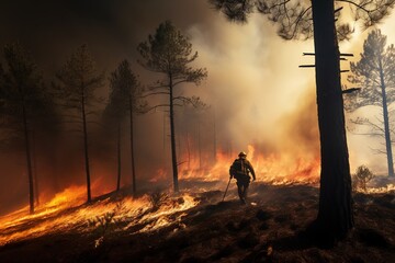 Feuerwehrmann bei einem Waldbrand, Generative AI