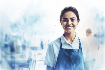 Blue Aquarelle Silhouettes of a Smiling Young Saleswoman with Arms Crossed, Skillfully Assisting Customers in Front of the Apron in a Supermarket, Crafted with the Style of Digital Airbrushing - obrazy, fototapety, plakaty