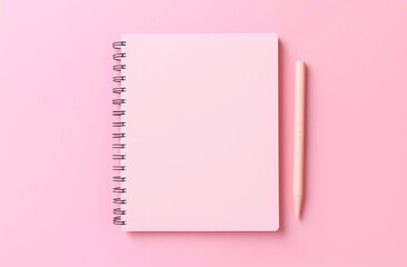 Notepad with blank pages and pen on a pink background.