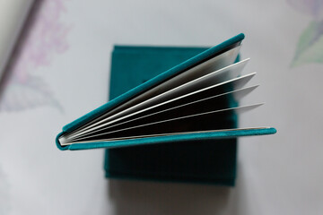 Photo album. photobook top view. photo book with velor cloth cover