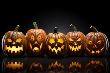 Halloween. five Jack pumpkins glow in the night.