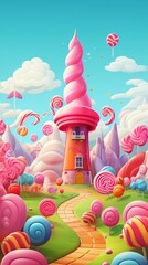 Sweet candy land. Cartoon game background, Sweet land with Candies, milk river, candy castle, colorful candy land 