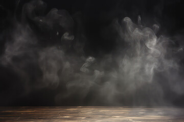 Fog In Darkness Smoke And Mist On Wooden Table. Abstract And Defocused Halloween Backdrop.