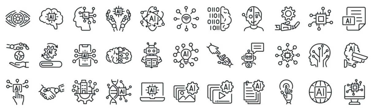 Set of outline icons related to AI, artificial intelligence. Linear icon collection. Editable stroke. Vector illustration