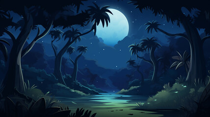 Fototapeta na wymiar night jungle landscape cartoon, made with Generative AI