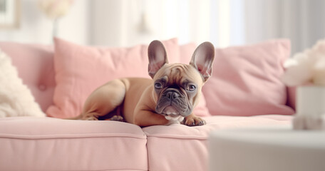 Young Curious Bulldog Dog Puppy Sitting On Pink Sofa Indoor. Lovely pets. Pets friendship concept. digital ai