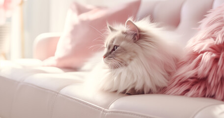 White fluffy cat lying down on pink sofa. Adorable furry domestic little kitty, digital ai