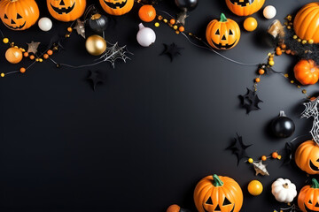 Collection of Halloween party objects forming a frame. Halloween with copy space for text. Flat lay, top.