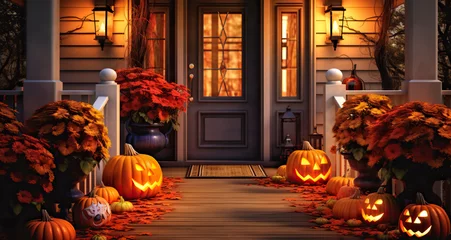 Foto auf Acrylglas Las Vegas Halloween pumpkins and decorations outside a house. Night view of a house with halloween decoration, digital ai