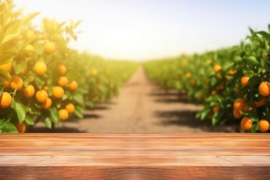 Empty wood table with free space over orange trees, orange field background. For product display montage. Orange field background.
