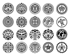 Set of round Maori tattoo ornament with sun symbols face and swastika. African, maya, aztec, ethnic, tribal style. Black and white