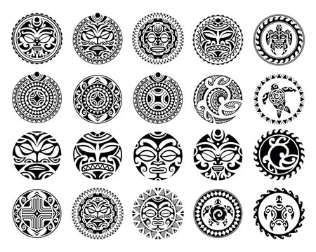 Set of round Maori tattoo ornament with sun symbols face and swastika. African, maya, aztec, ethnic, tribal style. Black and white