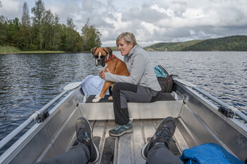 Fototapeta premium Kayaking Boat tour on lake Ragnerudssjoen in Dalsland Sweden beautiful nature forest pinetree