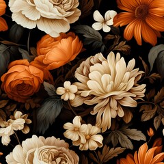 orange beige and yellow flowers in a pattern on a brown background