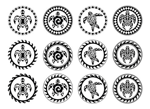 Set of round Maori tattoo ornament with sea turtle. African, maya, aztec, ethnic, tribal style. Black and white