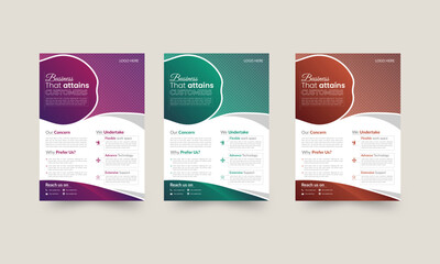 Naklejka na ściany i meble Creative corporate flyer layout. Curvy concepts. Trendy multipurpose A4 size brochure design set of 3 gradient colors, easily editable. Space for background image, service. Green, purple, red-brown.