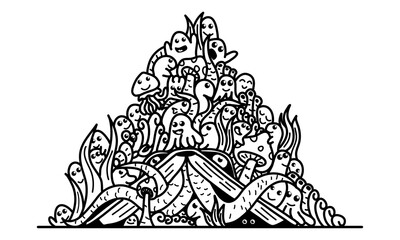 Open book that is surrounded by various creatures. Concept of the power of imagination and the benefits of reading. Vector doodle illustration.