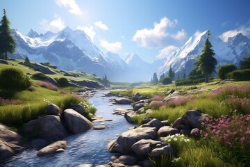 Mountain landscape photography with serene lakes and wildflowers, Generative AI