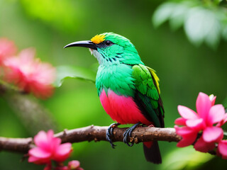 Obraz premium Bird perched on a branch with pink and blue flowers Generated by AI