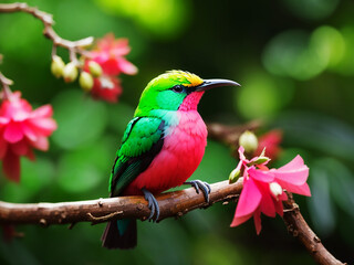 Bird perched on a branch with pink and blue flowers Generated by AI