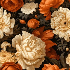 orange beige and yellow flowers in a pattern on a brown background