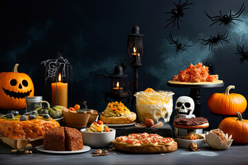 Fototapeta premium Halloween food on Dark Background with copy space (Generative AI)