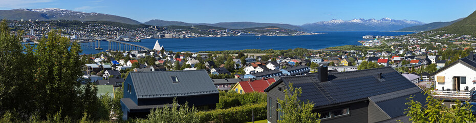 Panoramic view of Tromso from Sherpa Stairs in Troms og Finnmark county, Norway, Europe 