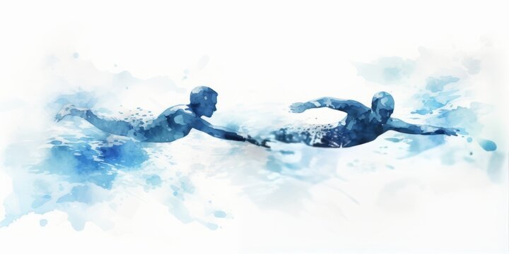 Blue Aquarelle Silhouette of Two Men in Action, Swimmers Gliding in a Swimming Pool, Crafted with the Style of Digital Airbrushing, Capturing the Essence of Olympic Competition
