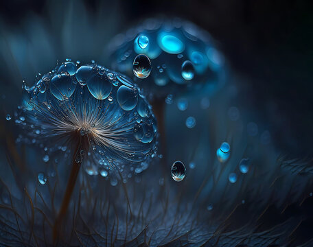 Fototapeta Beautiful dandelions on a blue background. Dew on dandelions. Drops on flowers. Banner. Wallpaper. created by AI