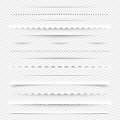 Horizontal dividers. Diagonal borders with holes and gaps for layout design, white stitch line elements. Vector isolated set