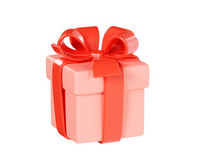 Pink gift box with red ribbon and bow 3d render illustration - present package for congratulation or bonus concept.