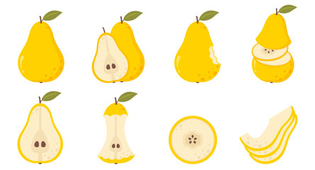 Yellow pear set. Flat fresh sliced pears collection. Slices, whole and half fruits. Vector illustration. Cut yellow pear. Pear fruit.
