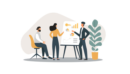 Team of employees discuss the concept of business development, brainstorming, development, profit, adjustment and optimization of business processes. Flat illustration.