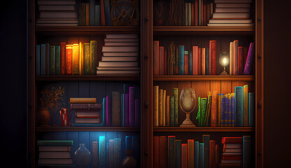 Library. Bookshelf. Banner. created by AI